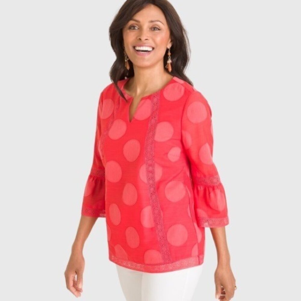 Chico's Lace Trim Dot Texture‎ 3/4 Bell Sleeve Woven Blouse Size Small
